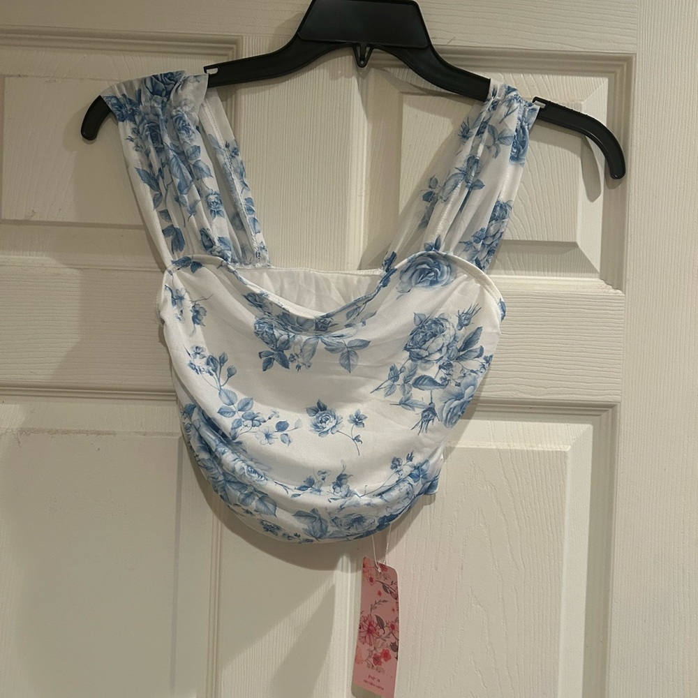 SHEIN Blue and White Ruched Sleeveless Tank Top